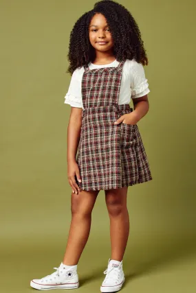 Girls Textured Checkered Belted Overall Dress