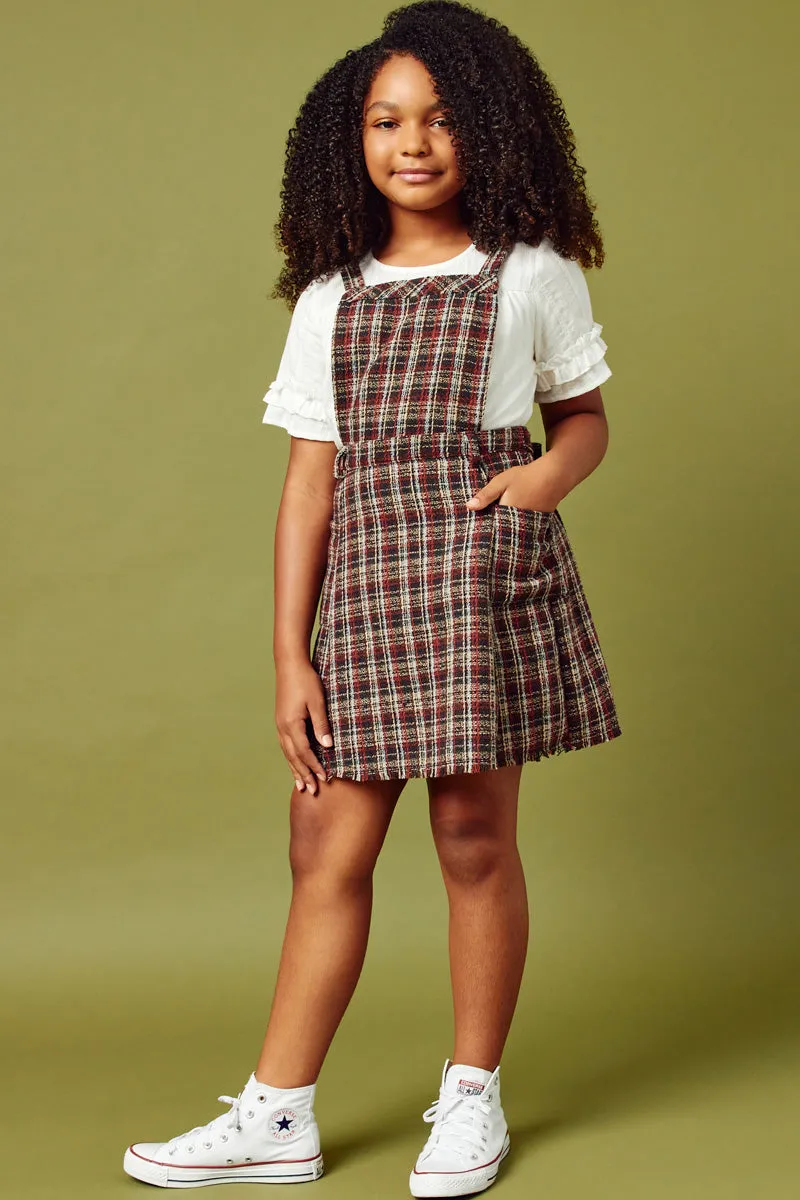Girls Textured Checkered Belted Overall Dress