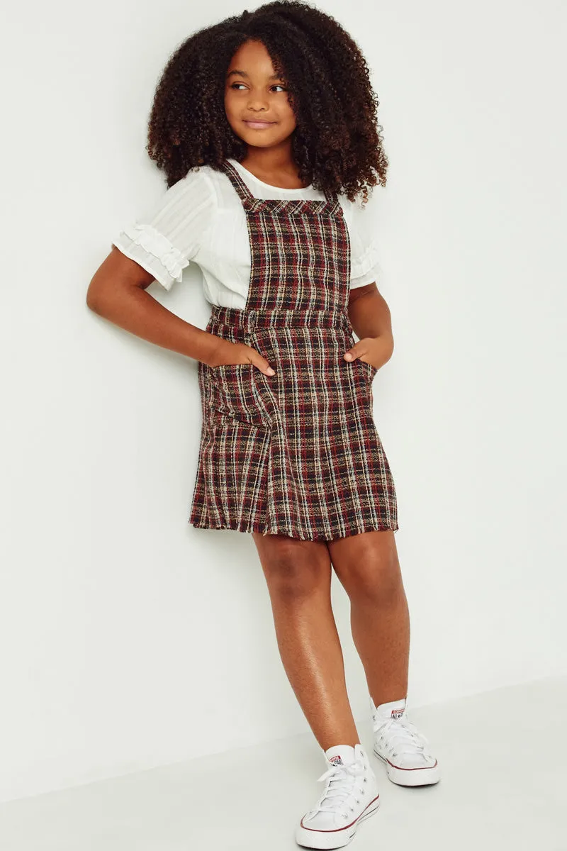 Girls Textured Checkered Belted Overall Dress