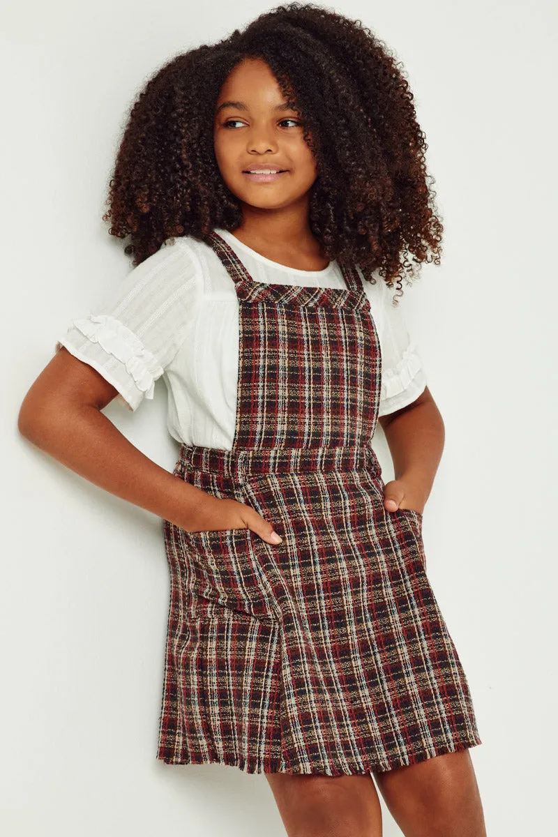 Girls Textured Checkered Belted Overall Dress