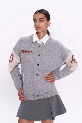 Gray Knitted Cardigan with Colorful Patterned Back Buttons