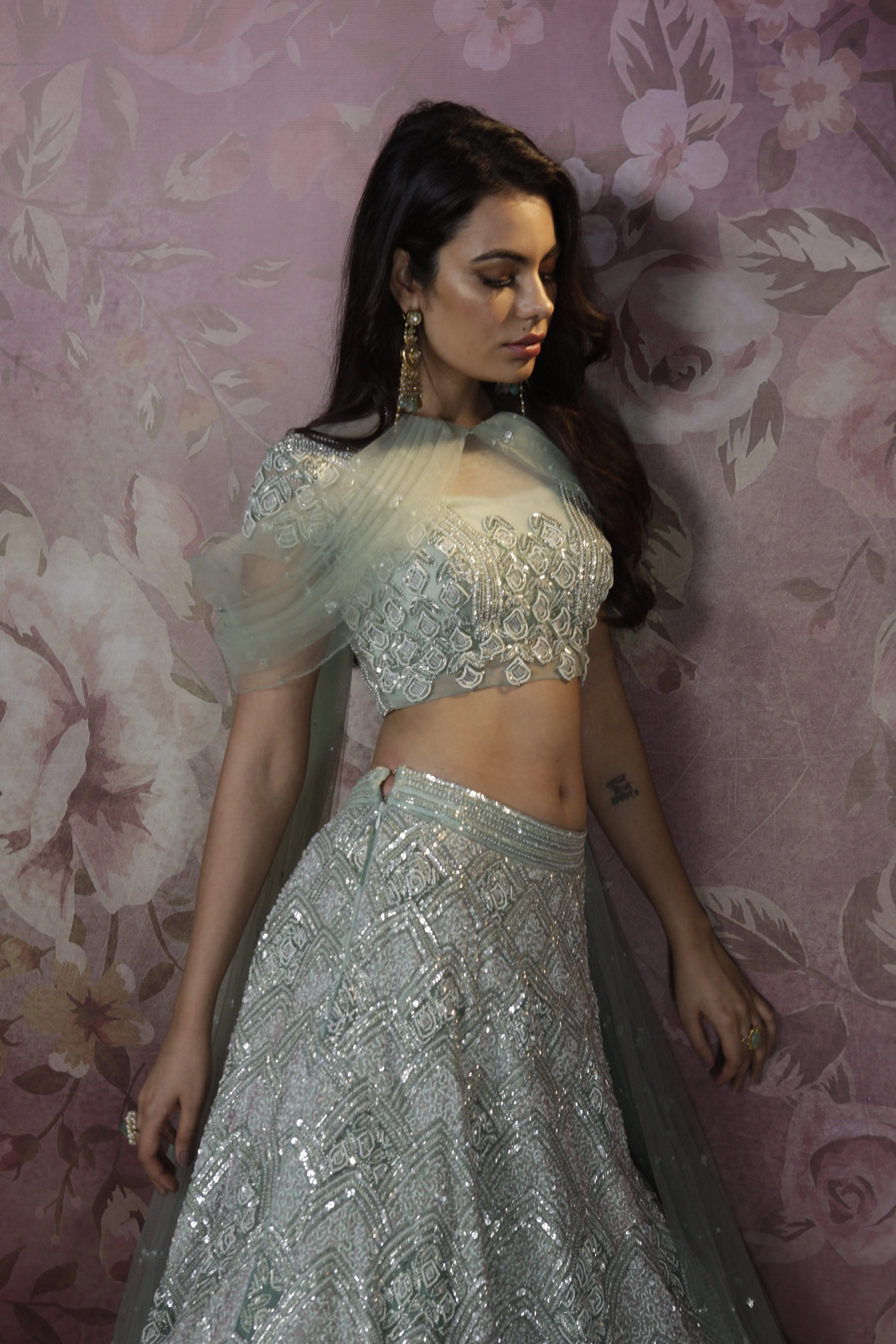 Hand Embroidered Frosty Green Lehenga Set
