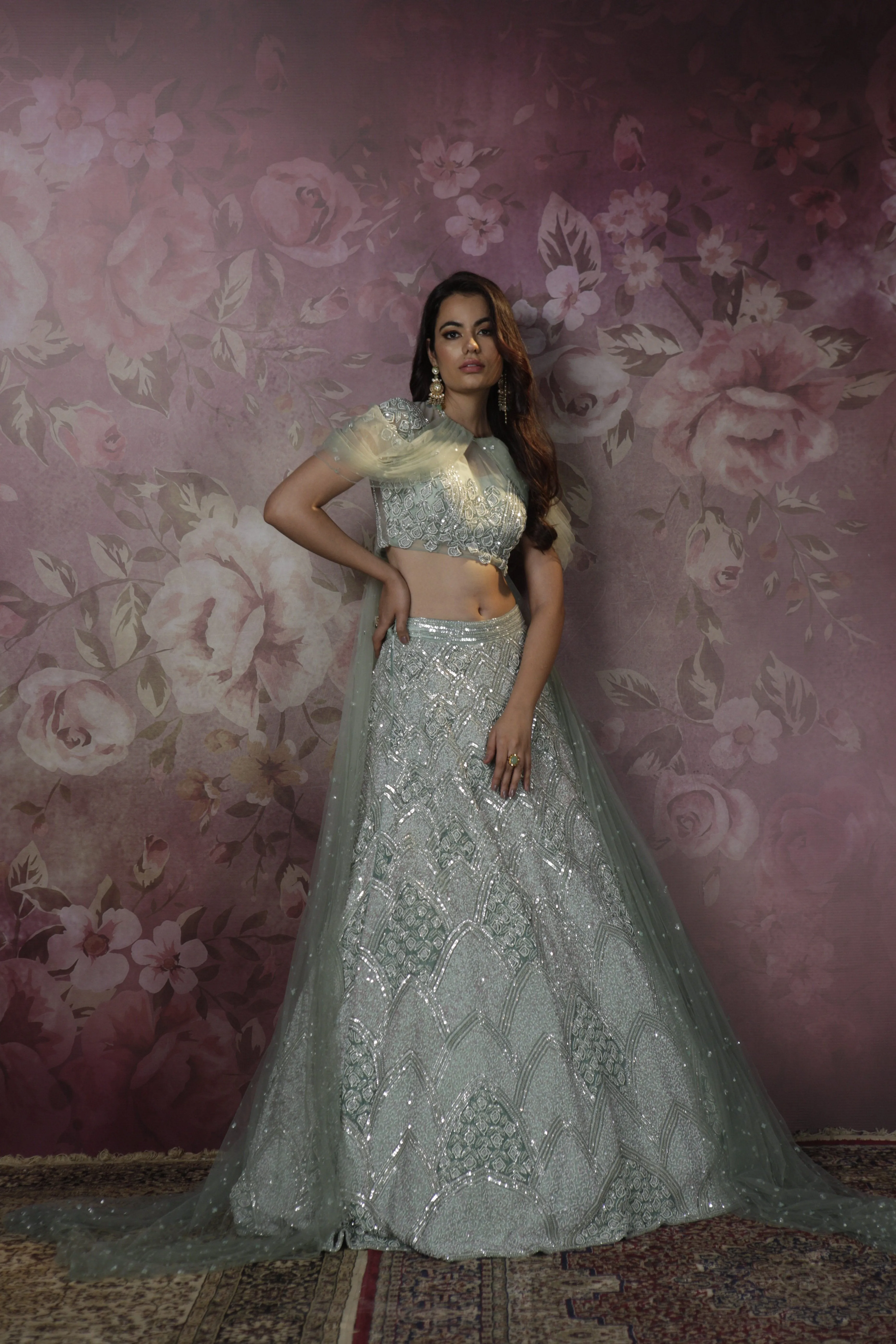 Hand Embroidered Frosty Green Lehenga Set