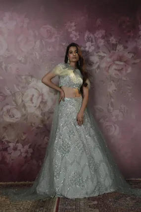 Hand Embroidered Frosty Green Lehenga Set