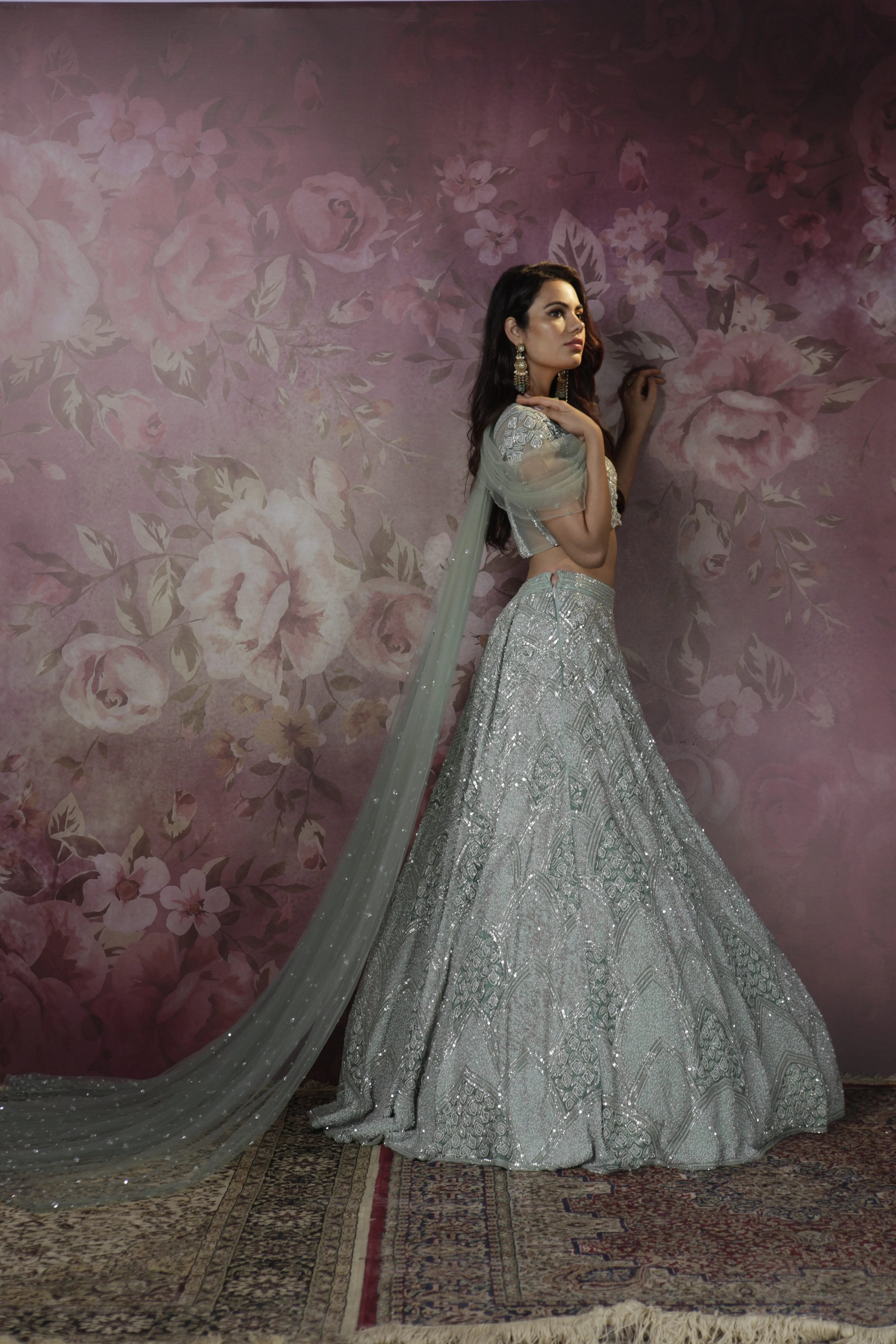 Hand Embroidered Frosty Green Lehenga Set