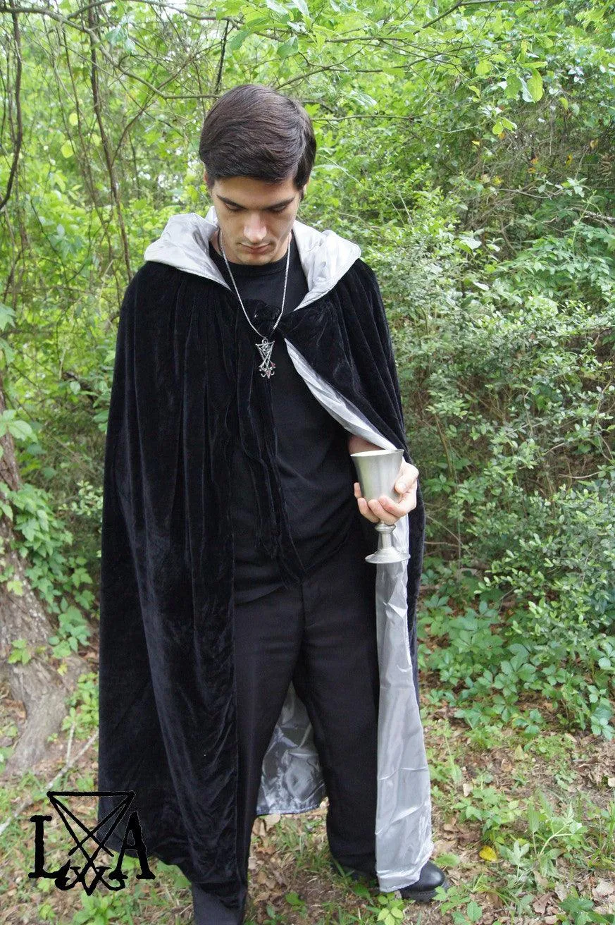 High Quality Velvet and Satin Cloak. Black Velvet lined with Grey Satin