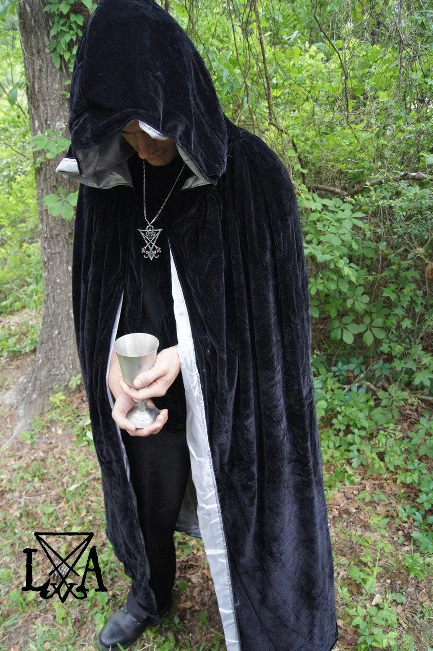 High Quality Velvet and Satin Cloak. Black Velvet lined with Grey Satin