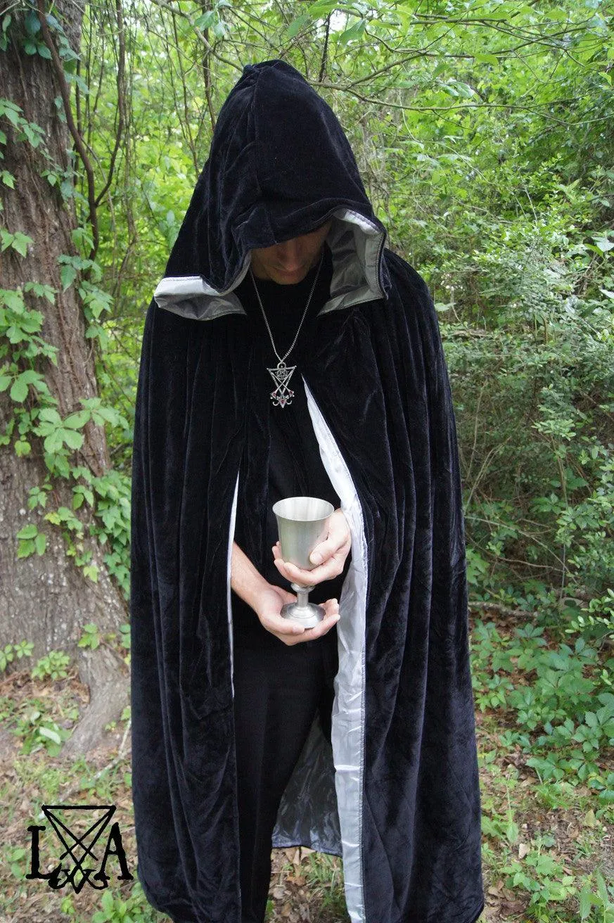 High Quality Velvet and Satin Cloak. Black Velvet lined with Grey Satin