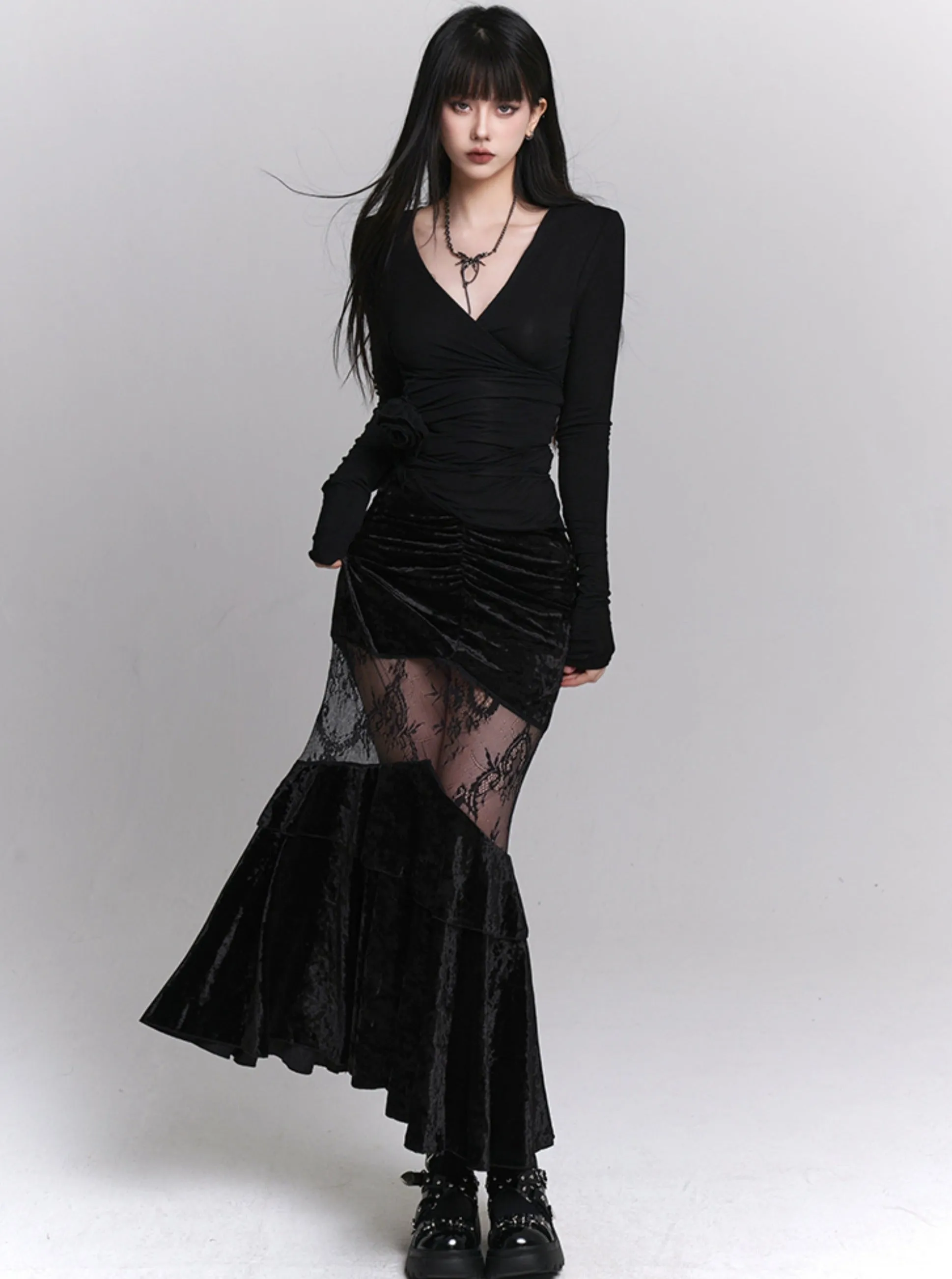 Hip Mermaid Velvet Long Skirt