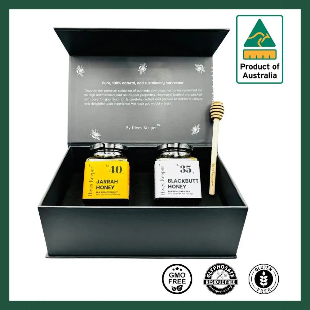 Hives Keeper Australian Honey Christmas Gift Set - Jarrah Active TA40  and Blackbutt Active TA35  (250g x 2)
