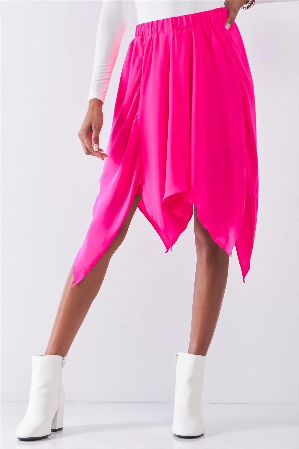 Hot Pink Solid Chiffon High Waist Leafy Midi Skirt /1-1-2