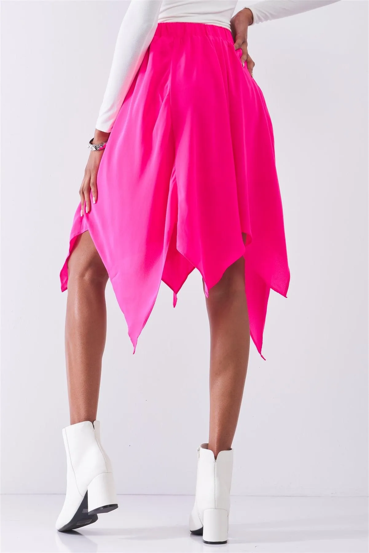 Hot Pink Solid Chiffon High Waist Leafy Midi Skirt /1-1-2