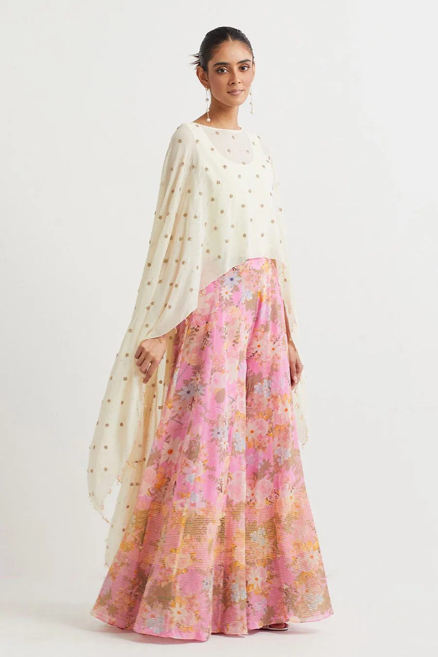 Ivory Embroidered Cape & Printed Sharara Set