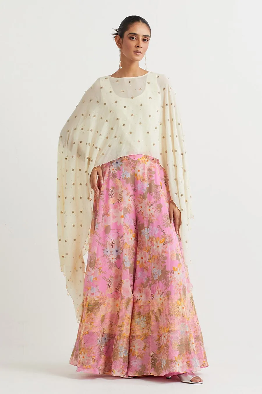 Ivory Embroidered Cape & Printed Sharara Set