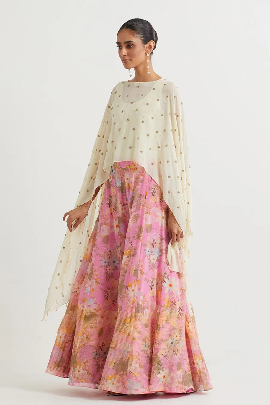 Ivory Embroidered Cape & Printed Sharara Set