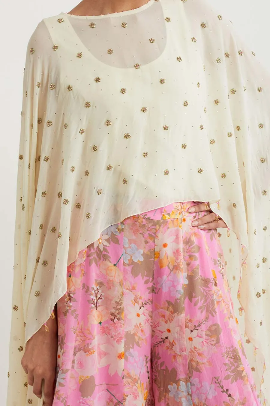 Ivory Embroidered Cape & Printed Sharara Set