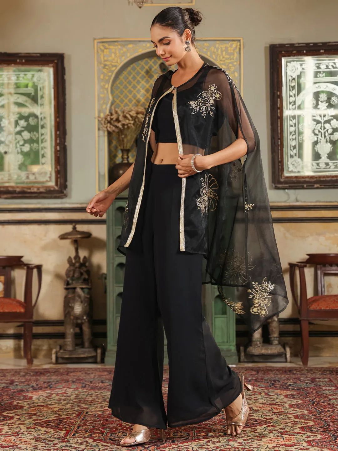 Janasya Black Georgette Zari Embroidered Set
