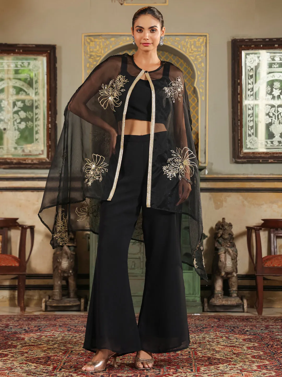 Janasya Black Georgette Zari Embroidered Set