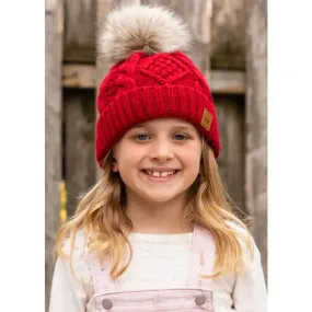 Kids Red Cable Knit Pom Hat