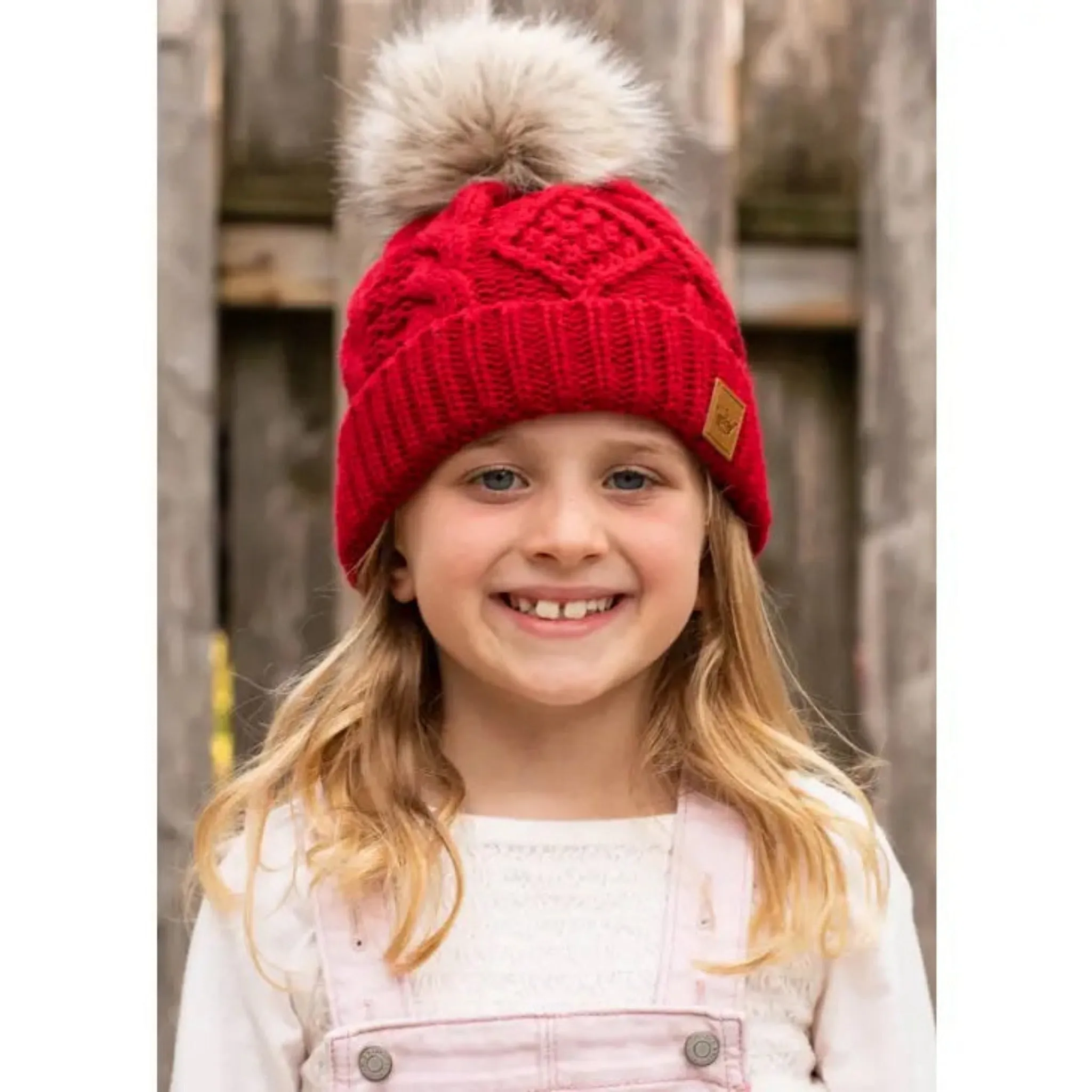 Kids Red Cable Knit Pom Hat