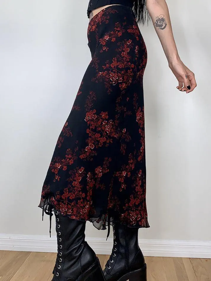 LANFUBEISI - Mesh Paneled Floral Midi Skirt