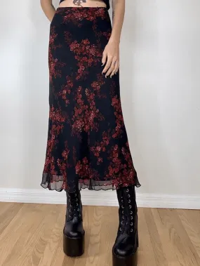 LANFUBEISI - Mesh Paneled Floral Midi Skirt