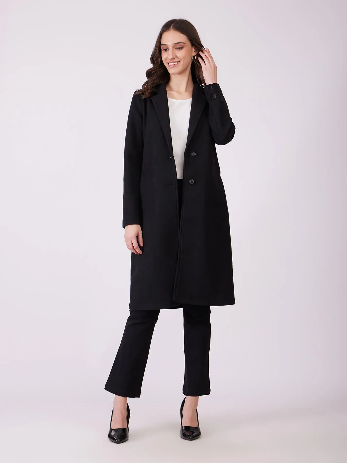 Long Felted Overcoat - Black