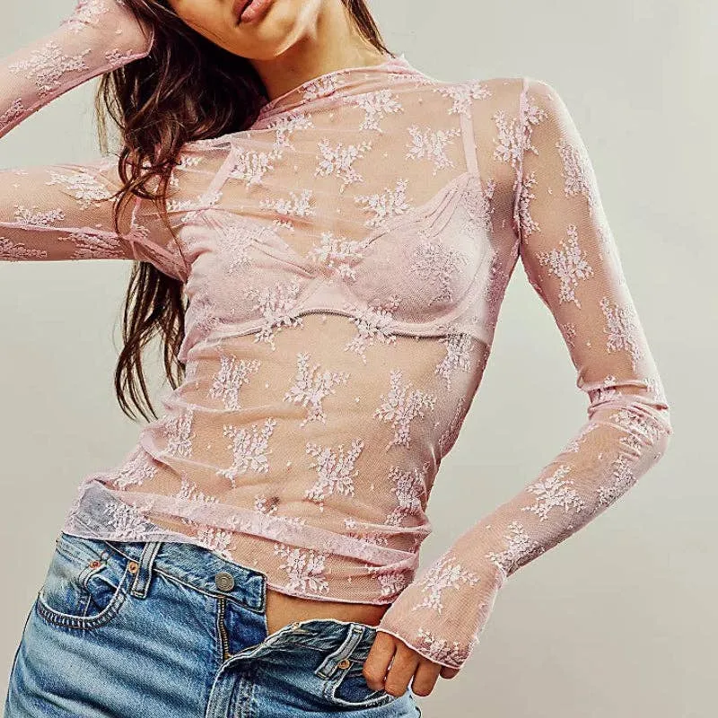 Lux Layering Floral Lace See Through Mesh Top Blouse