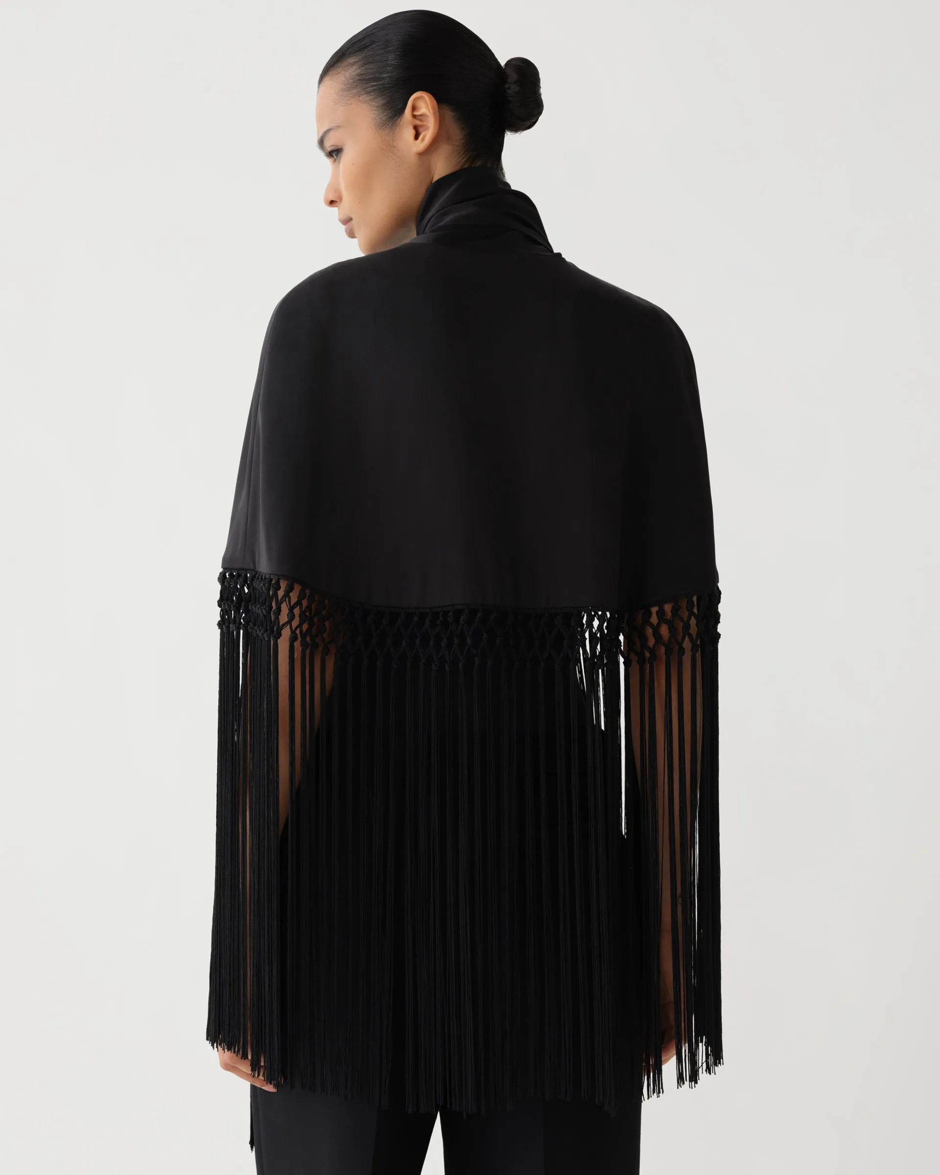 Lydia Fringe Cape in Charmeuse, Black