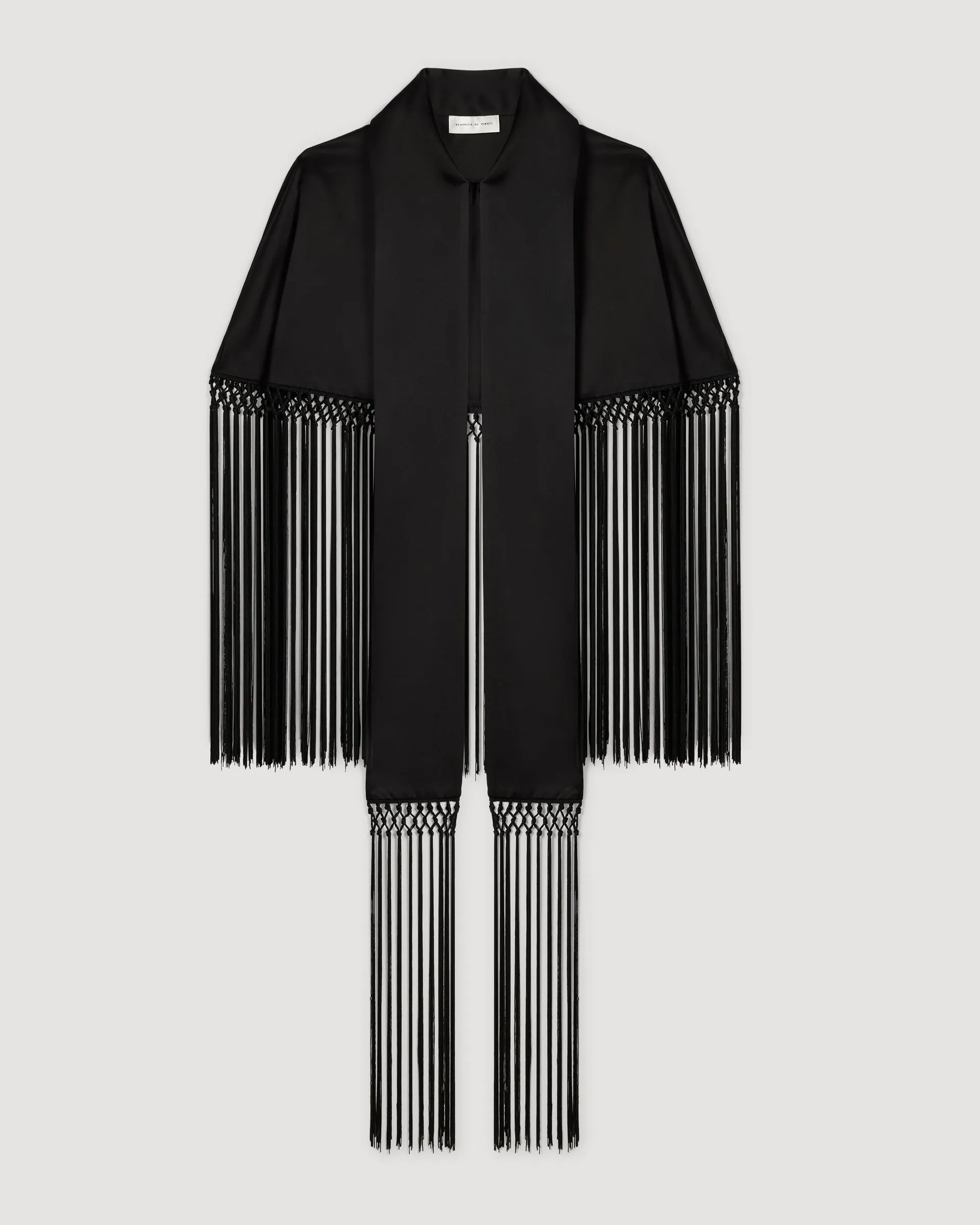 Lydia Fringe Cape in Charmeuse, Black