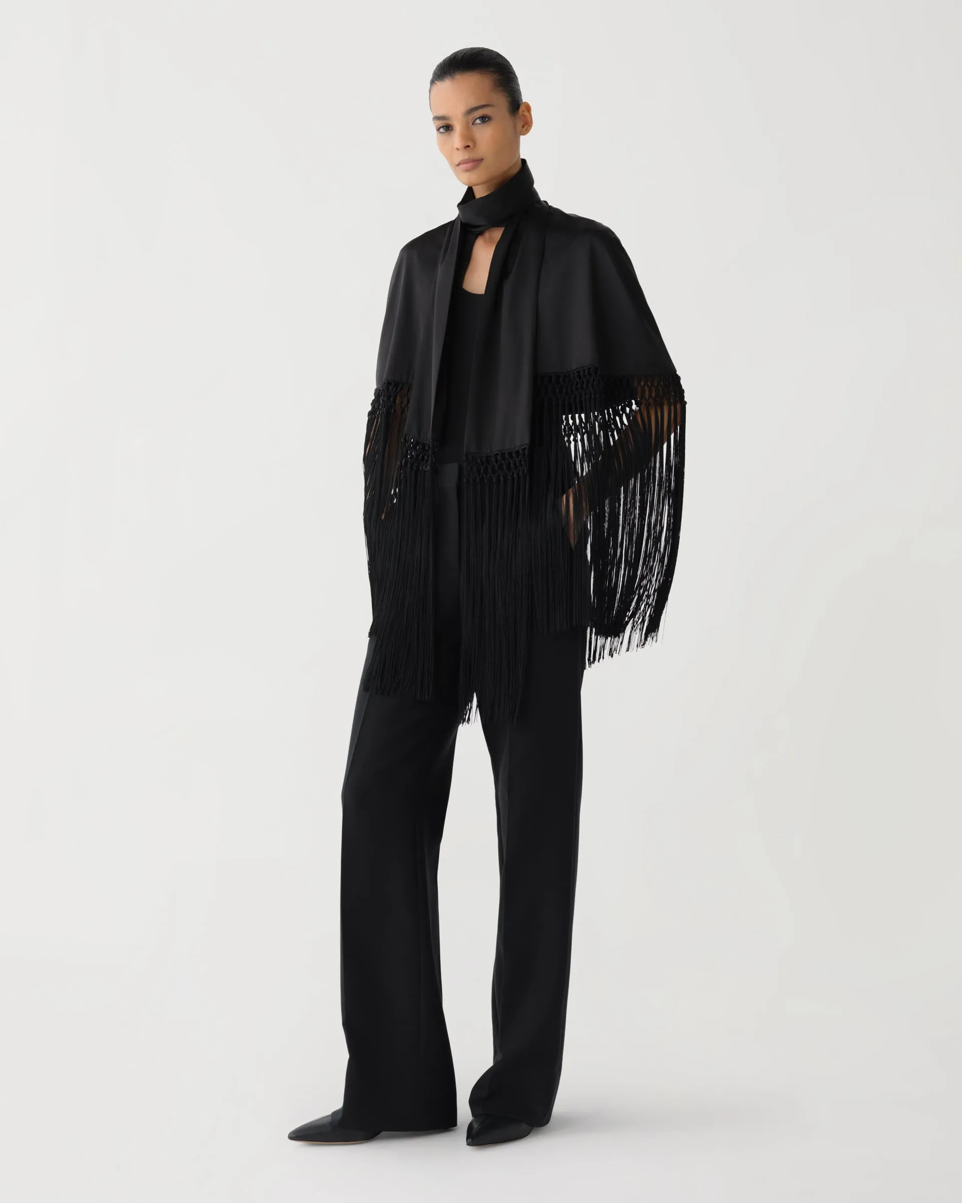 Lydia Fringe Cape in Charmeuse, Black