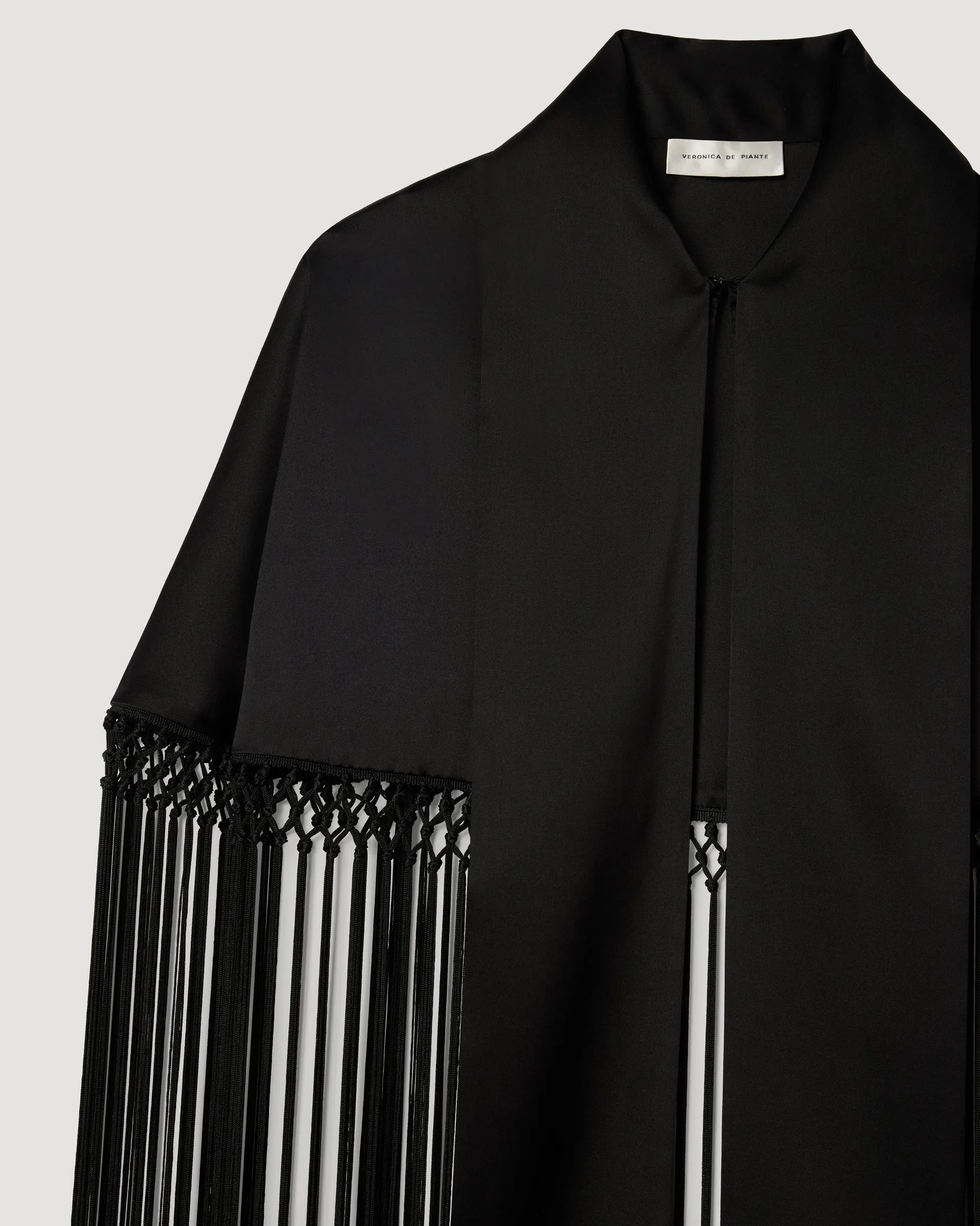 Lydia Fringe Cape in Charmeuse, Black