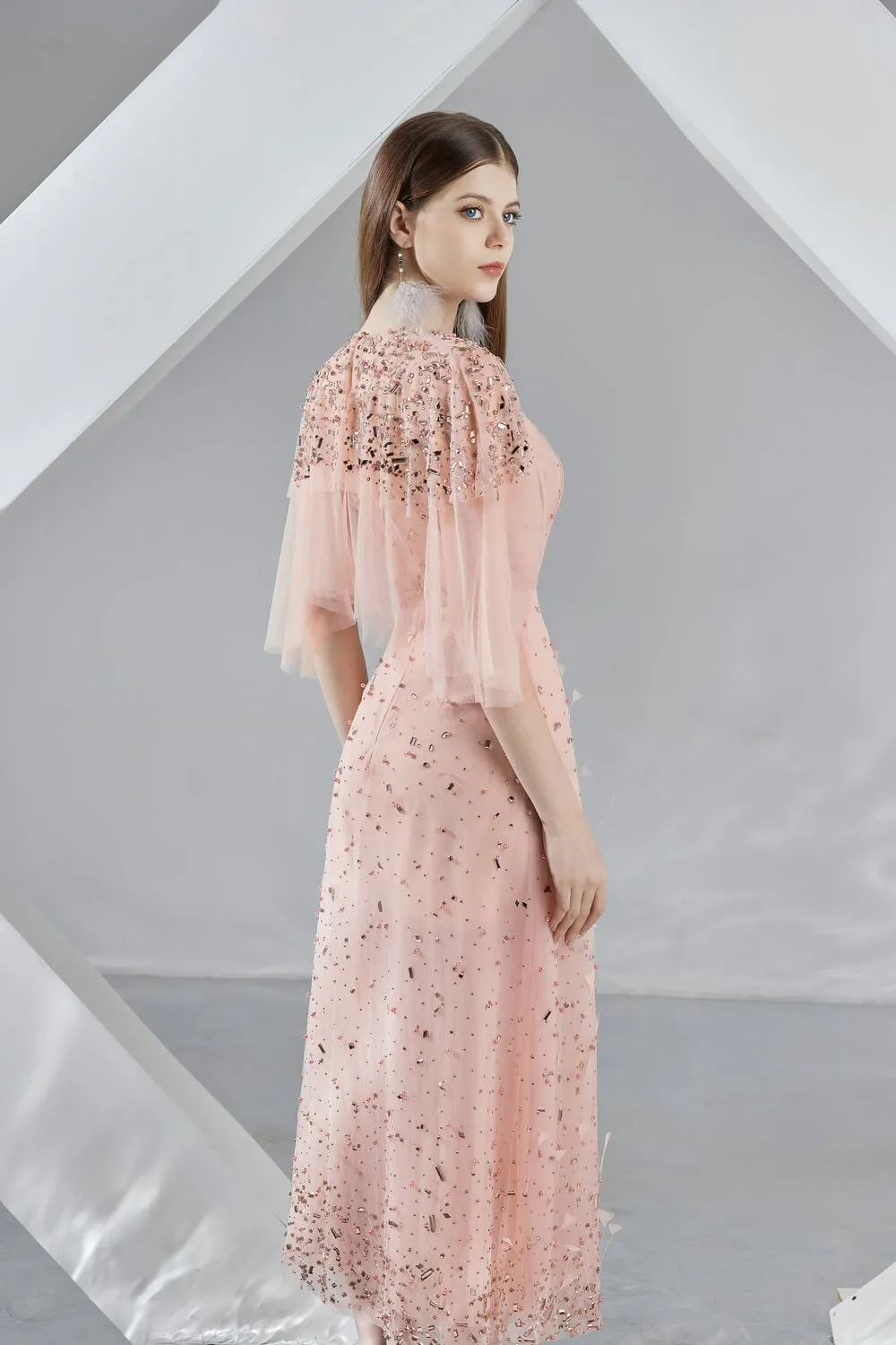 Mariam Straight Flare Sleeved Organza Midi Dress