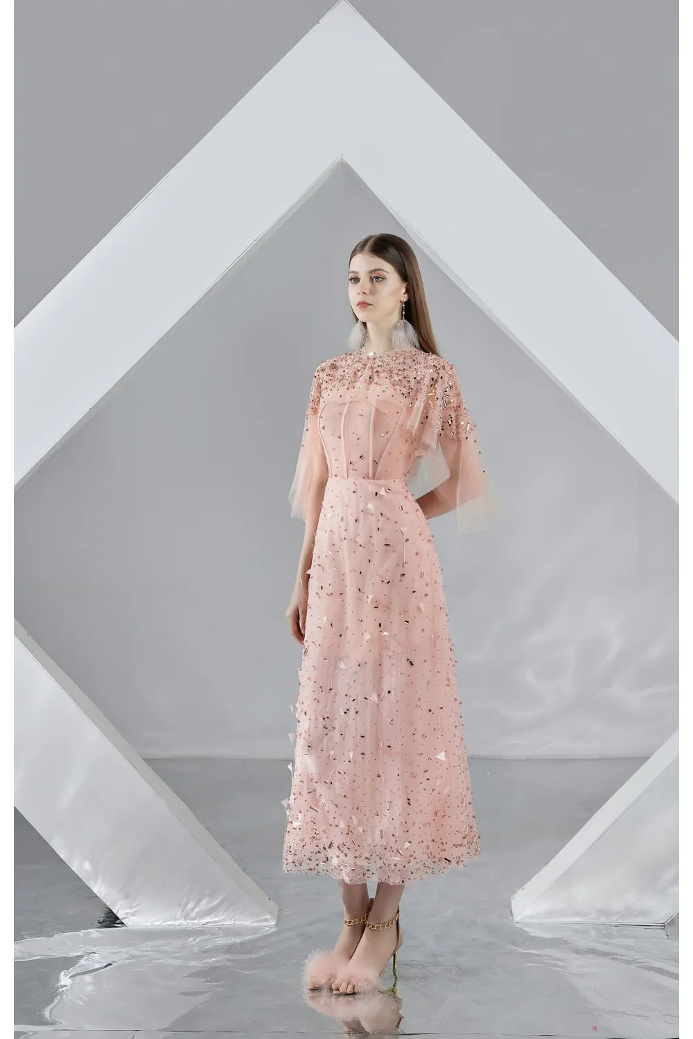 Mariam Straight Flare Sleeved Organza Midi Dress