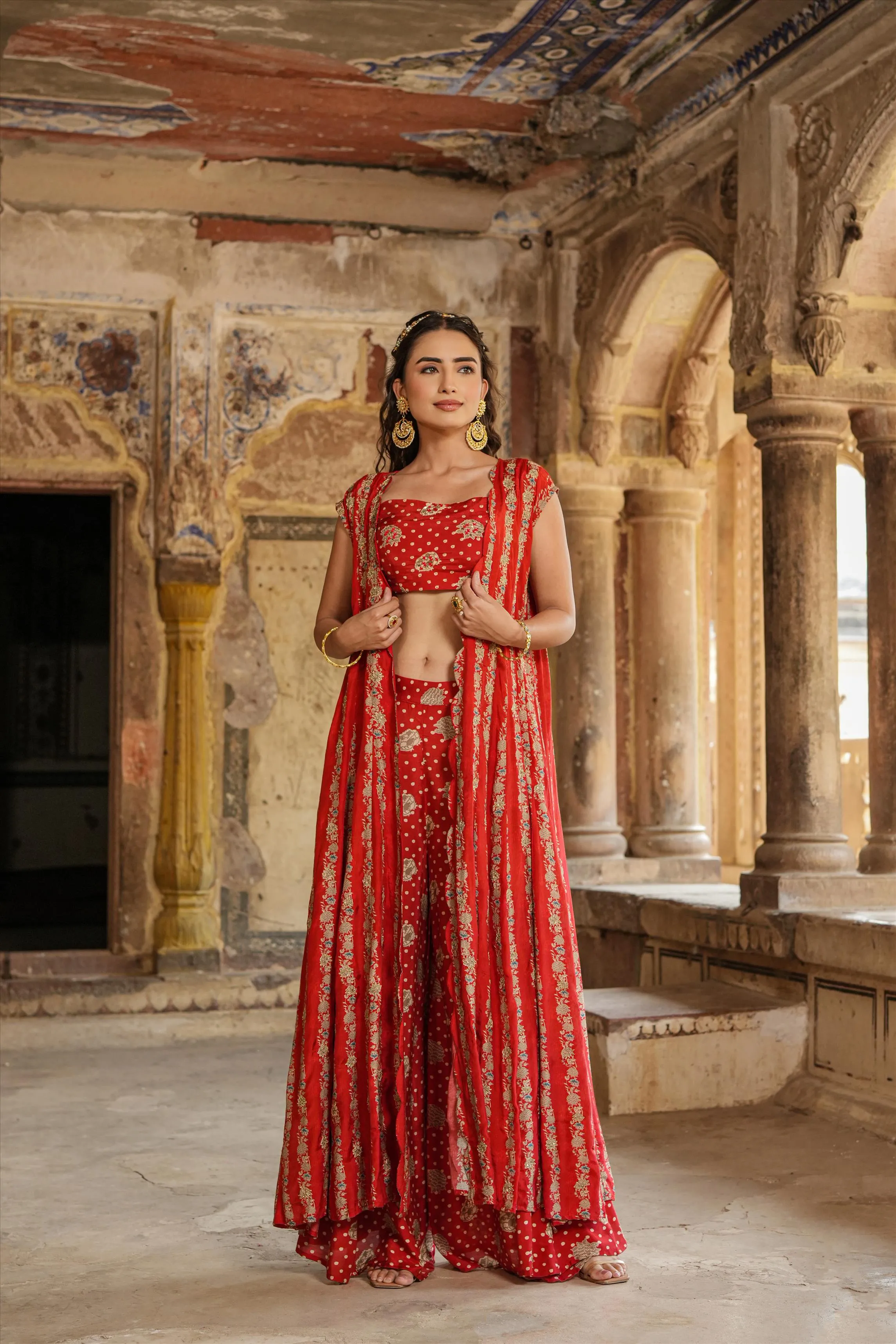 Maroon Muslin Silk Printed Palazzo Set With Cape