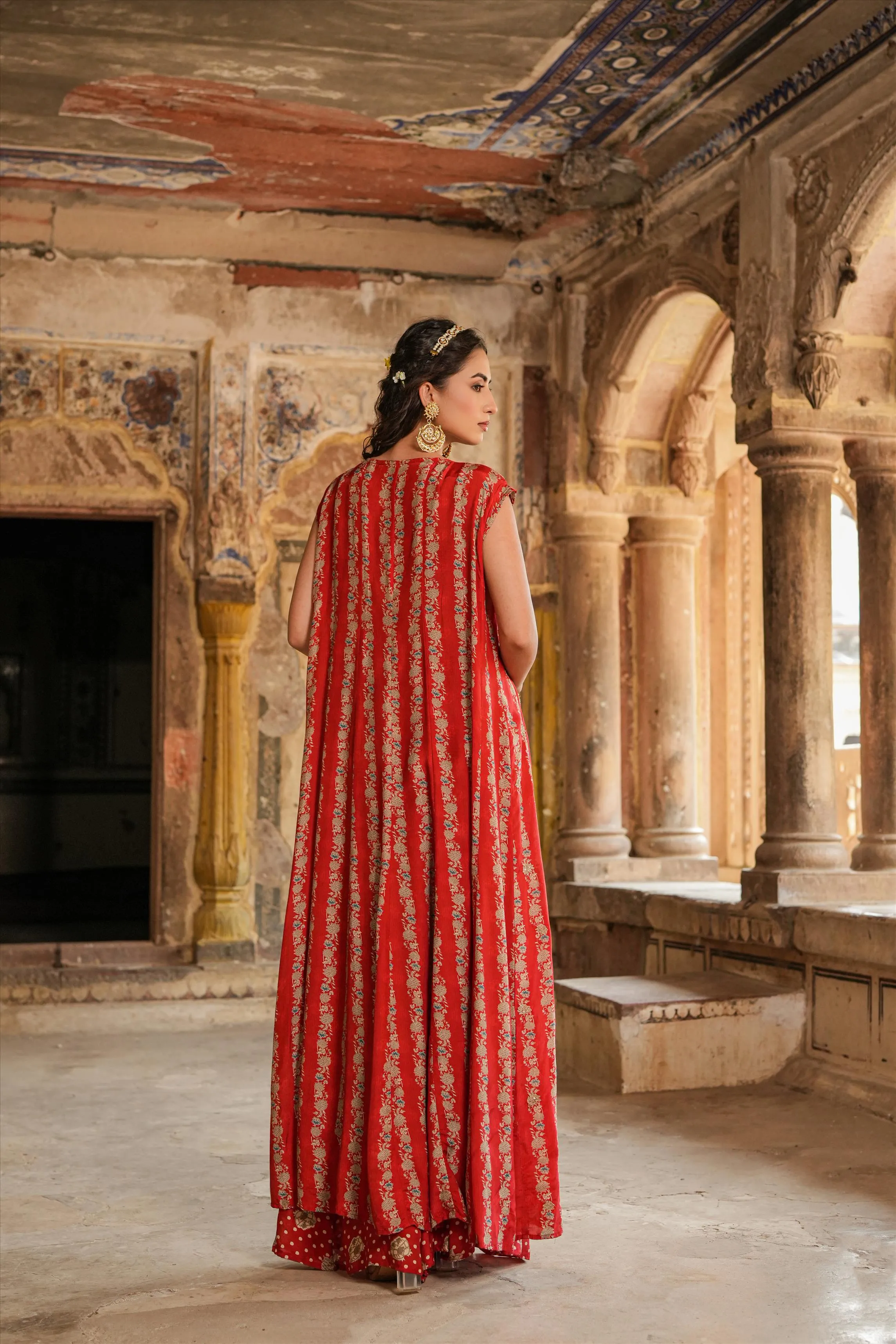 Maroon Muslin Silk Printed Palazzo Set With Cape