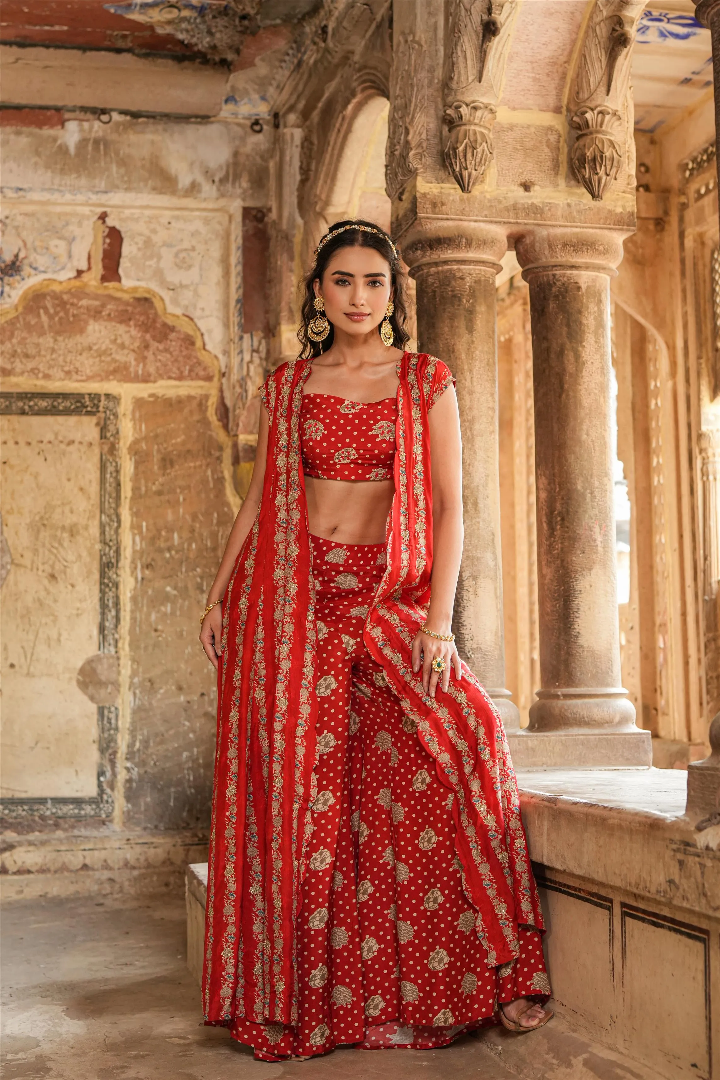 Maroon Muslin Silk Printed Palazzo Set With Cape
