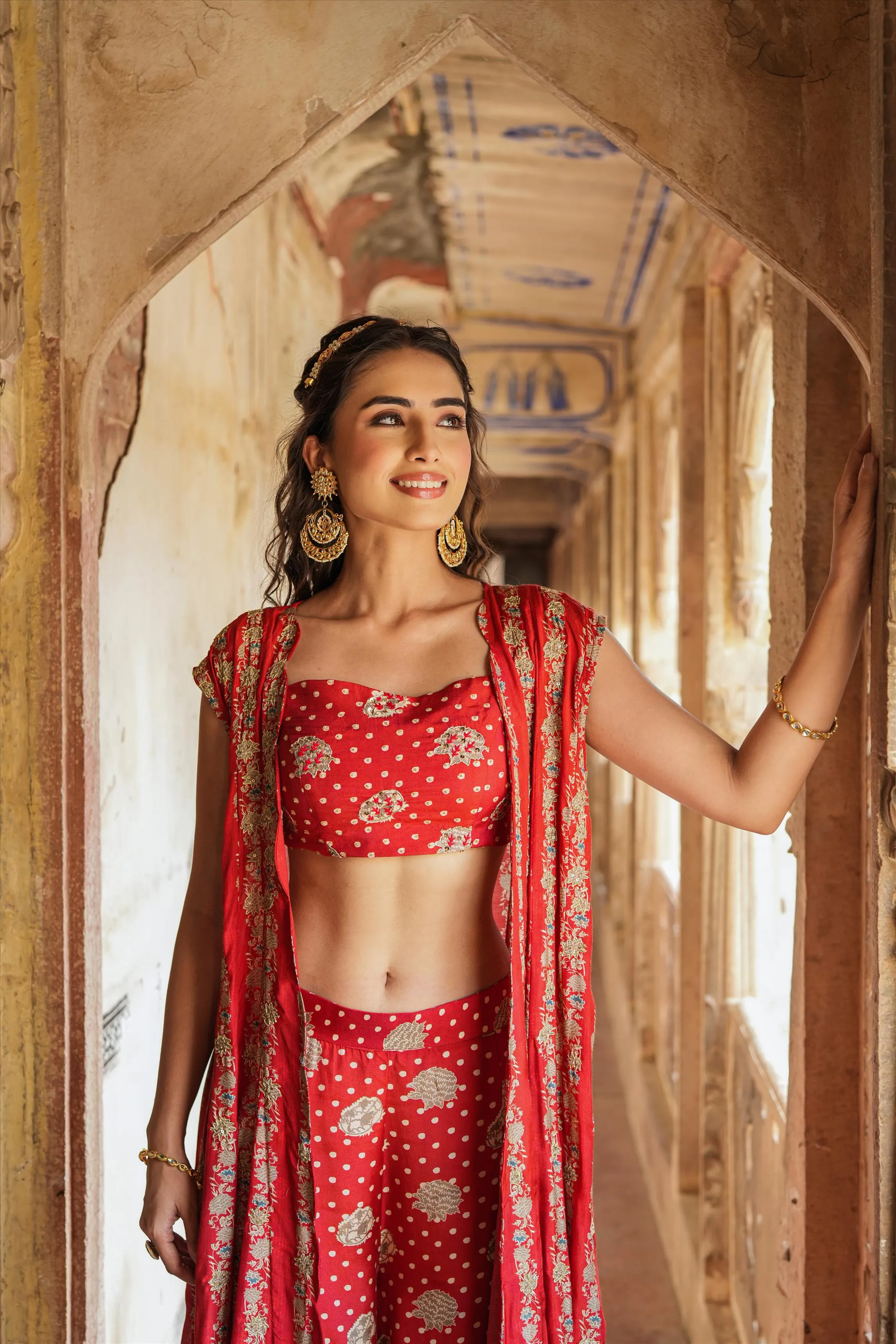 Maroon Muslin Silk Printed Palazzo Set With Cape