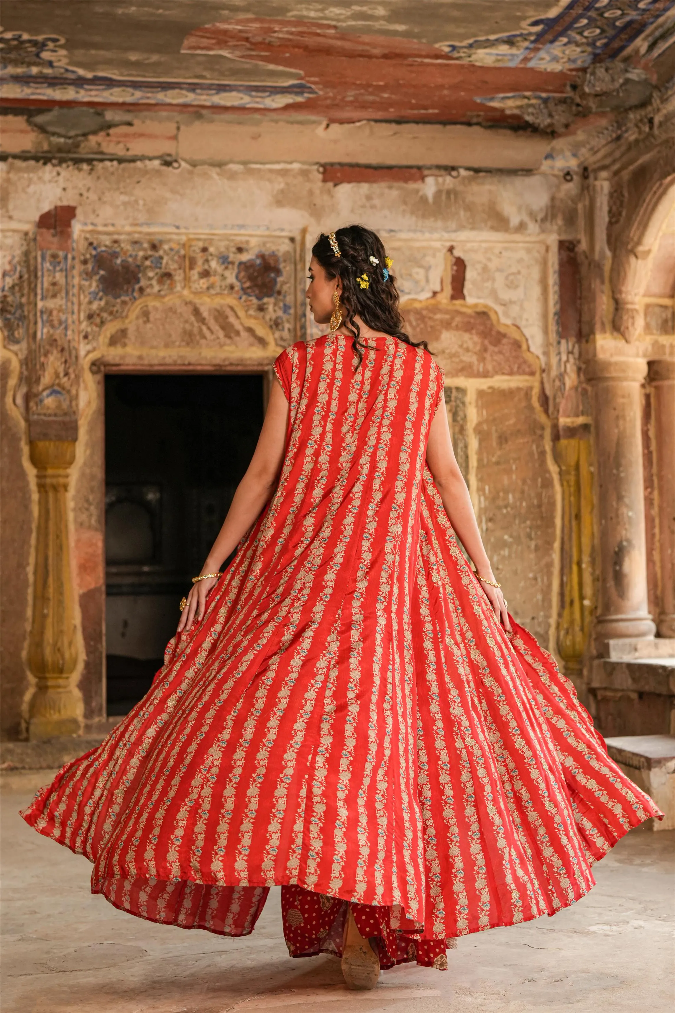 Maroon Muslin Silk Printed Palazzo Set With Cape
