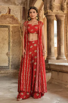 Maroon Muslin Silk Printed Palazzo Set With Cape