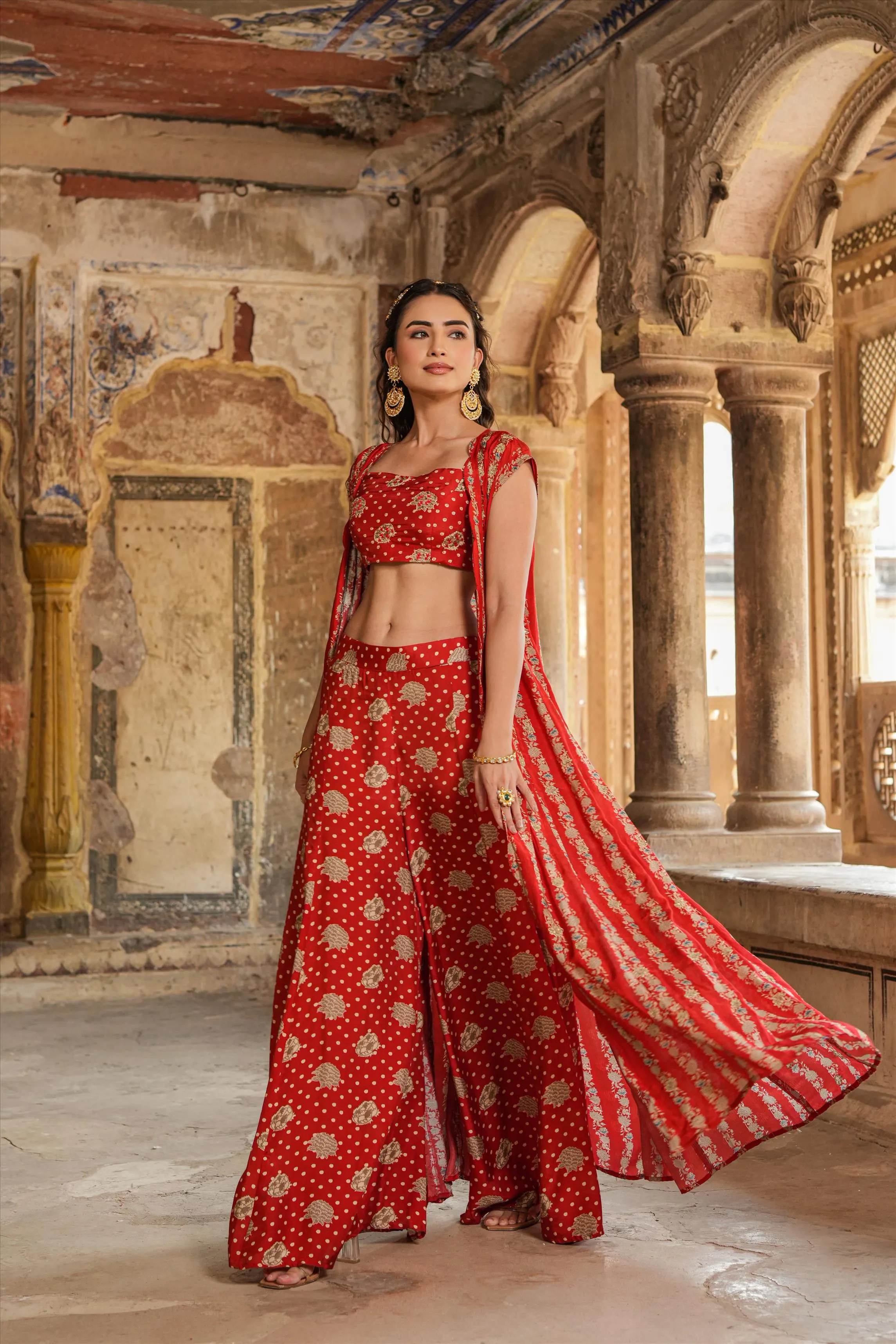 Maroon Muslin Silk Printed Palazzo Set With Cape