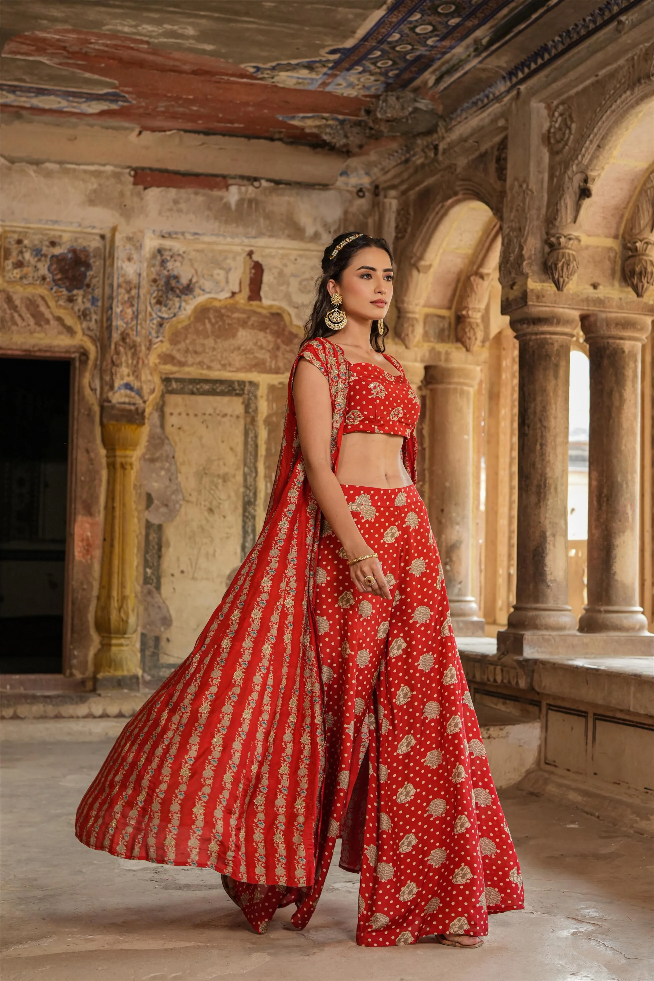 Maroon Muslin Silk Printed Palazzo Set With Cape
