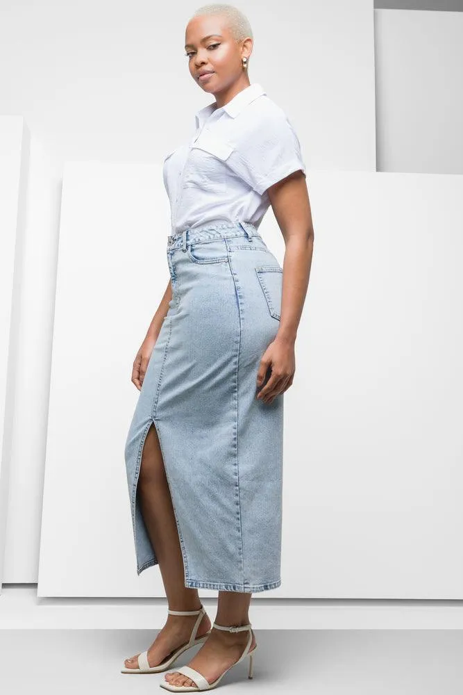 Maxi Denim Skirt With Front Slit Light Blue