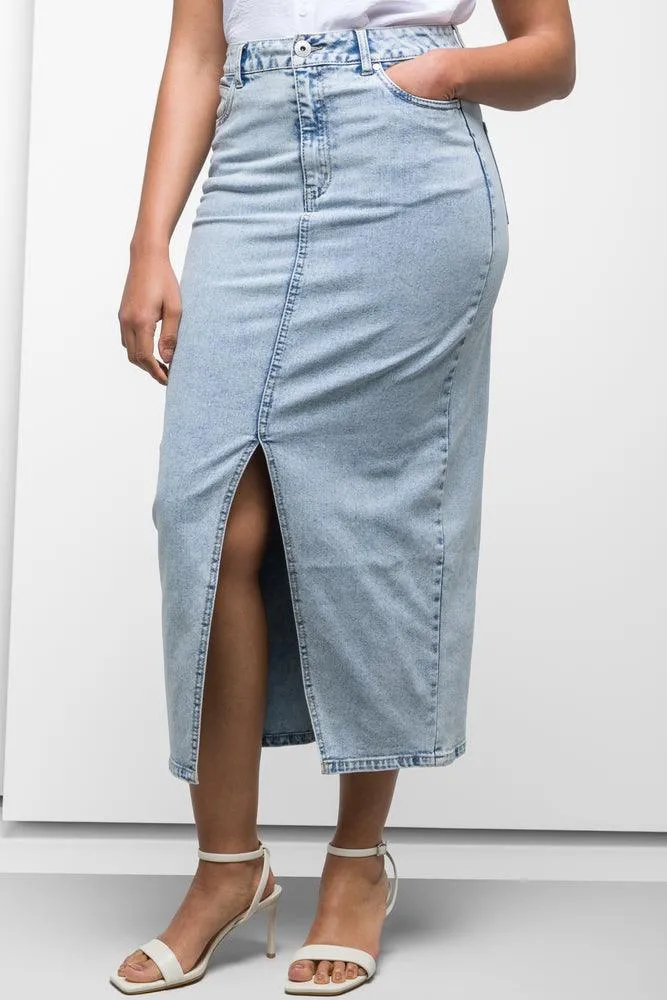 Maxi Denim Skirt With Front Slit Light Blue
