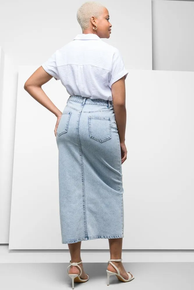 Maxi Denim Skirt With Front Slit Light Blue