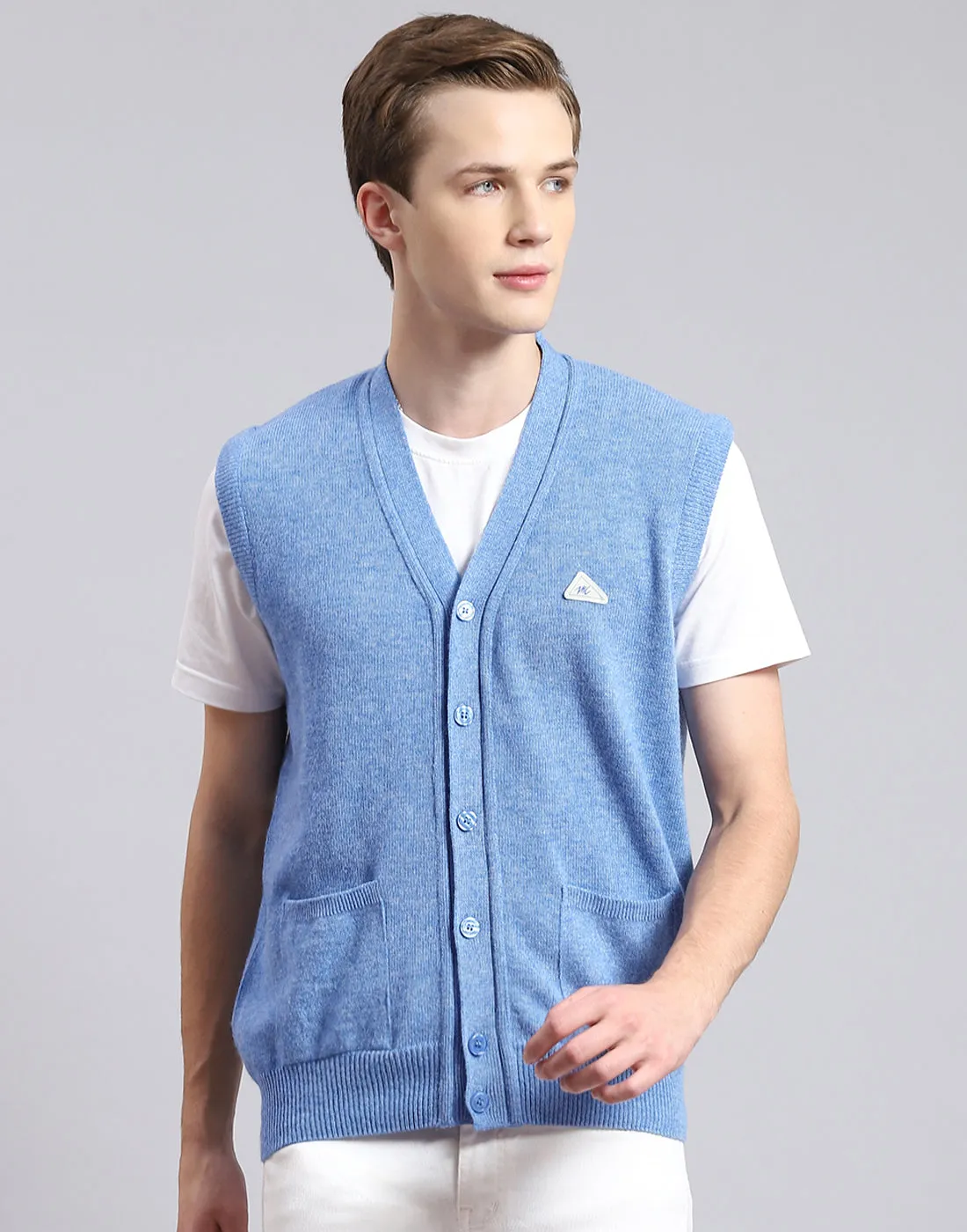 Men Blue Solid V Neck Sleeveless Cardigan