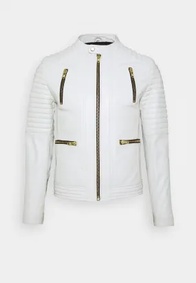 Men's White Leather Biker Jacket