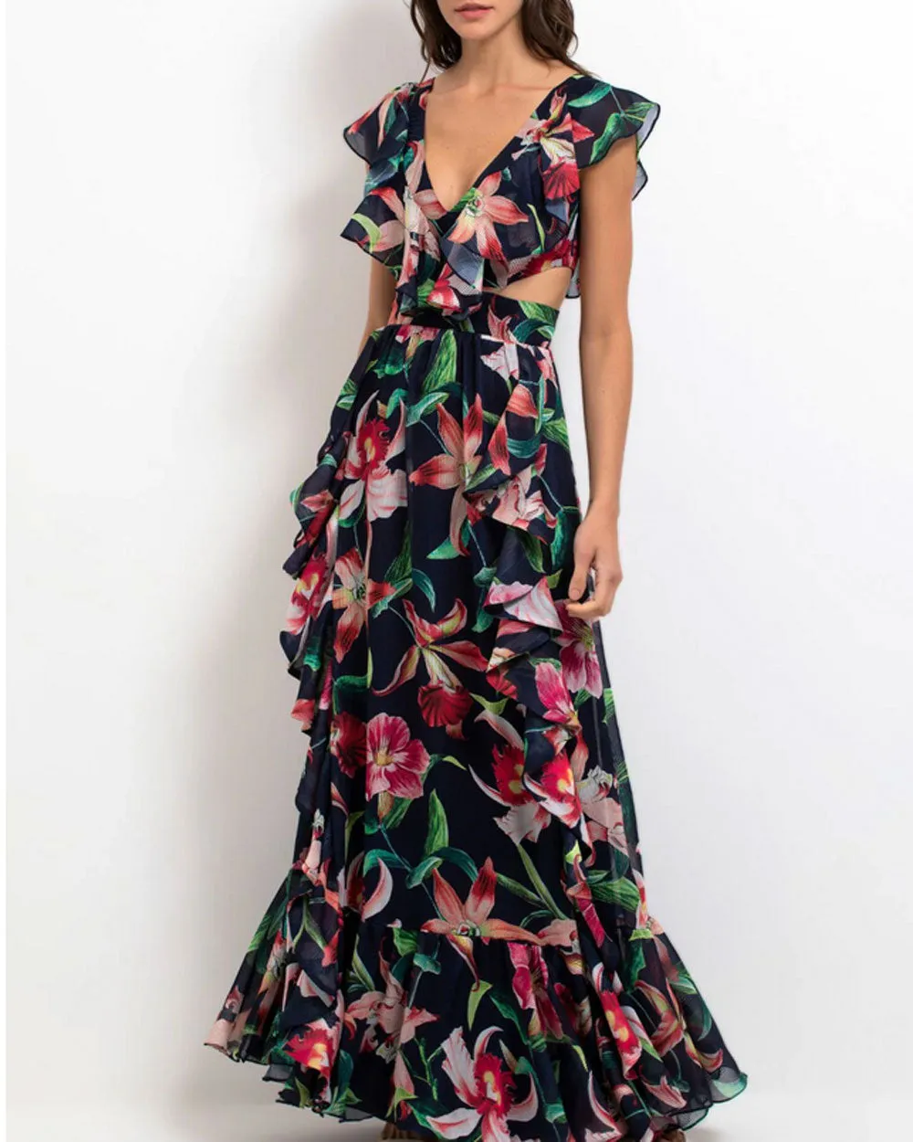 Midnight Laelia Ruffle V Neck Maxi Dress