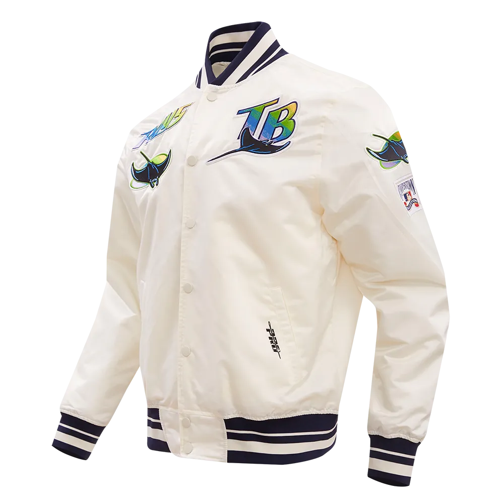 MLB TAMPA DEVIL RAYS RETRO CLASSIC MEN'S RIB SATIN JACKET (EGGSHELL/ MIDNIGHT NAVY)