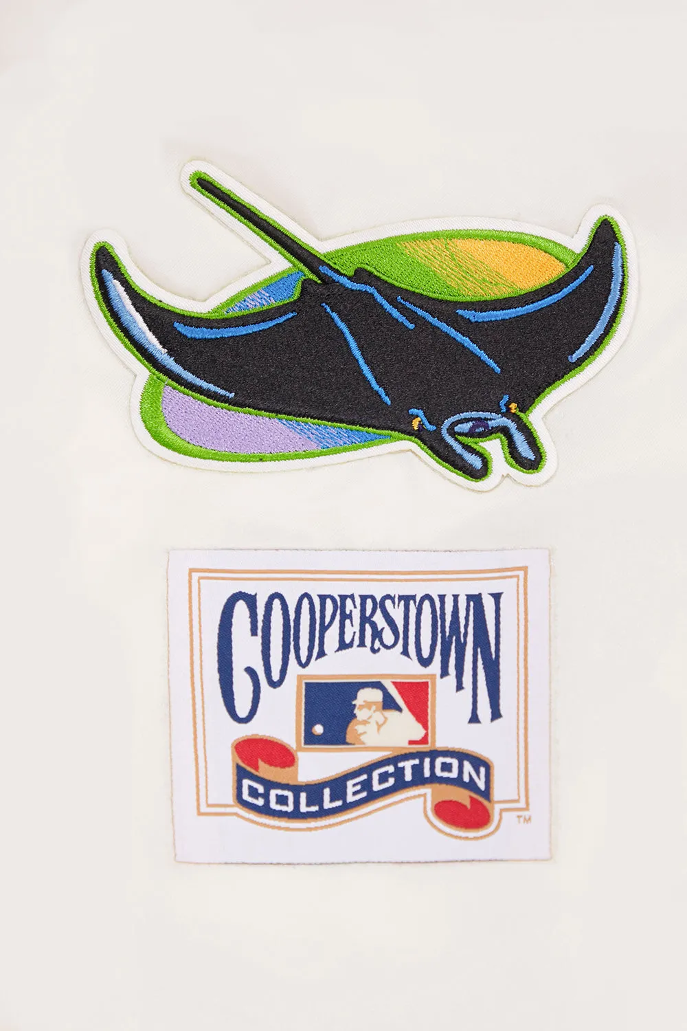 MLB TAMPA DEVIL RAYS RETRO CLASSIC MEN'S RIB SATIN JACKET (EGGSHELL/ MIDNIGHT NAVY)
